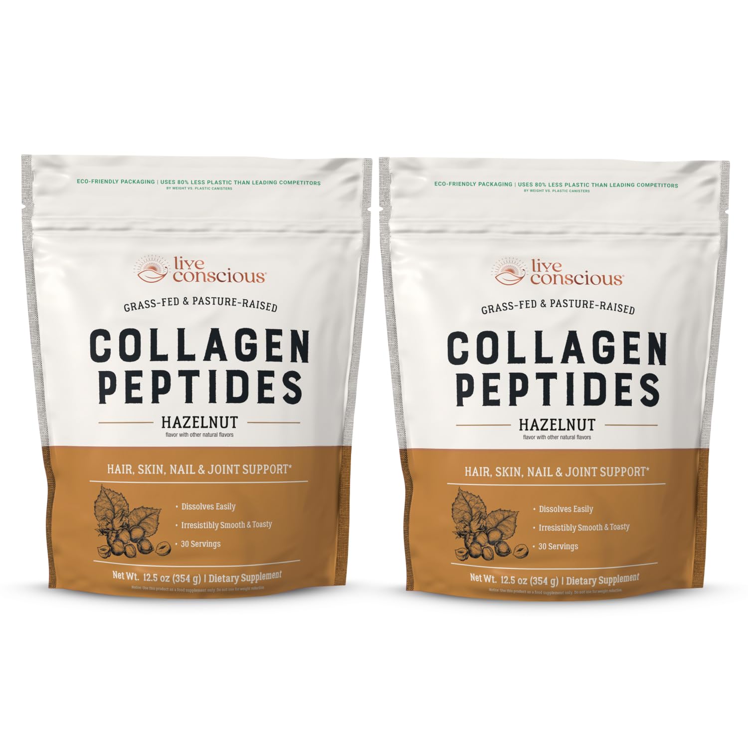 Live Conscious Collagen Peptides Powder - Hazelnut - Hair, Skin, Nail, & Joint Support - Type I & III Grass-Fed Collagen Supplements - 30 Servings (2-Pack)