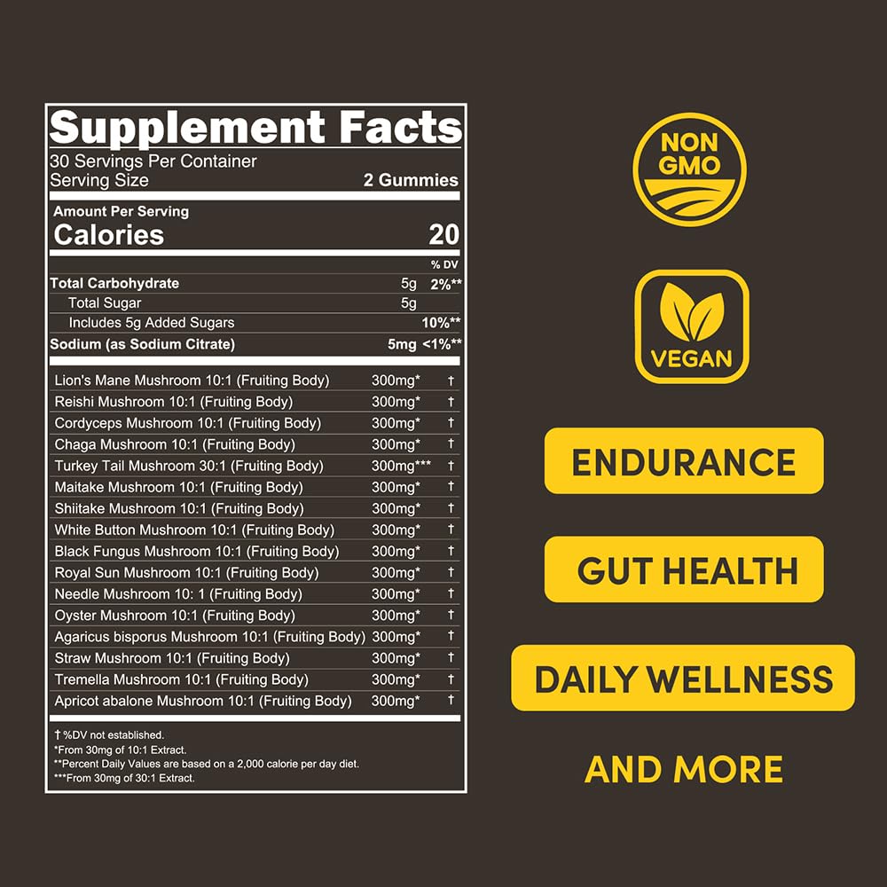 FULLY NUTRITION 16 in 1 Blend Mushrooms Lion's Mane Gummies for Adults, Focus & Cognitive Support, 60 Gummies