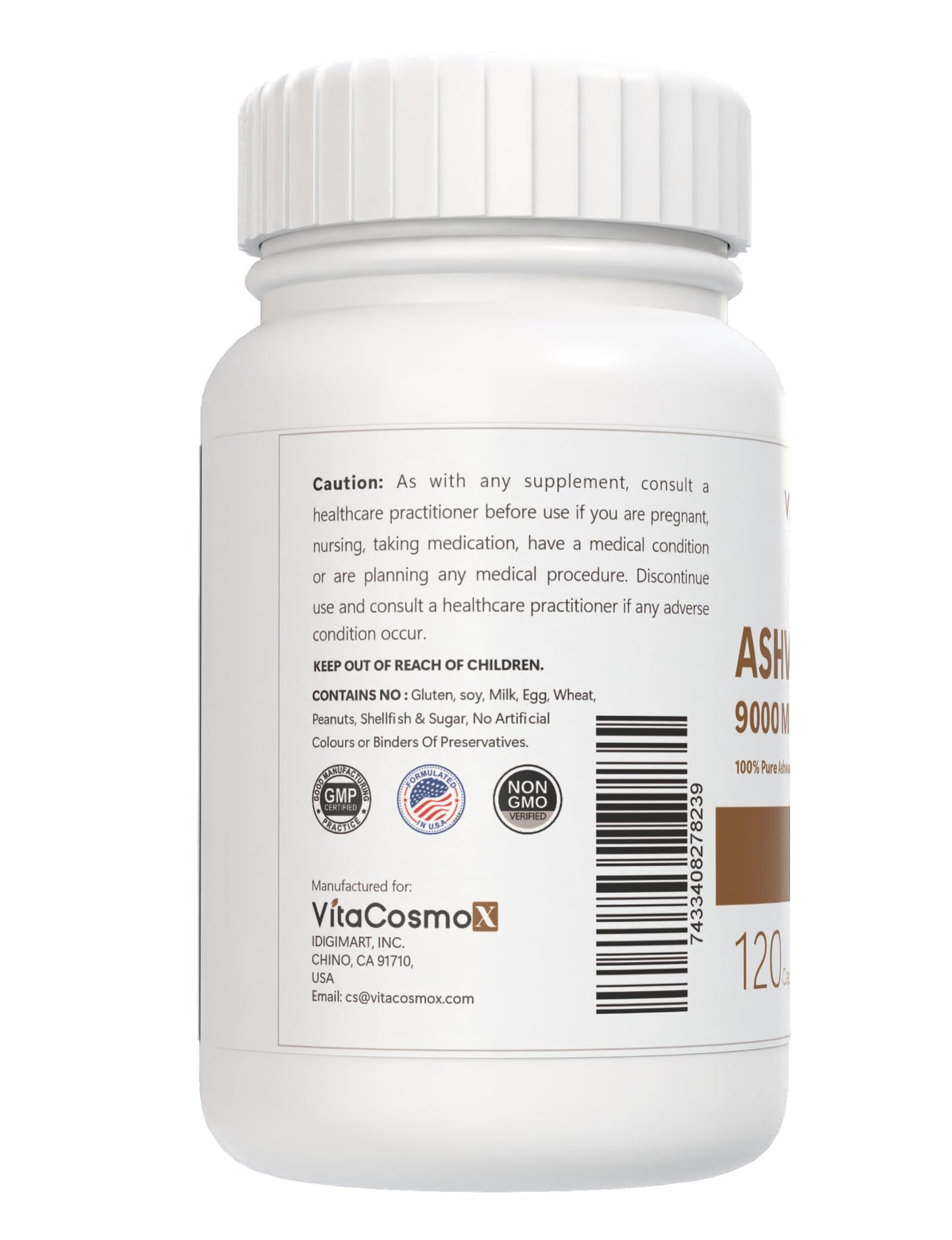 VitaCosmoX Ashwagandha Root Extract 900 mg with Black Pepper Extract 10 mg Per Serving, 120 Vegetarian Capsules