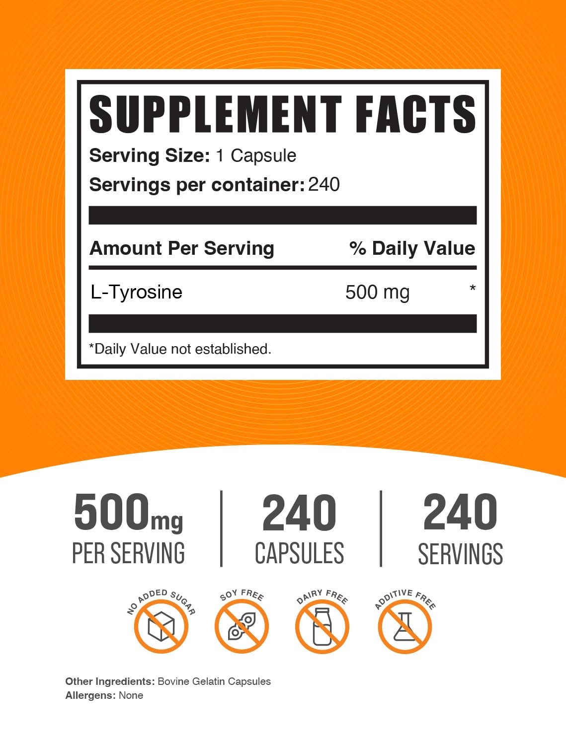 BulkSupplements L-Tyrosine 500mg, 240 Capsules