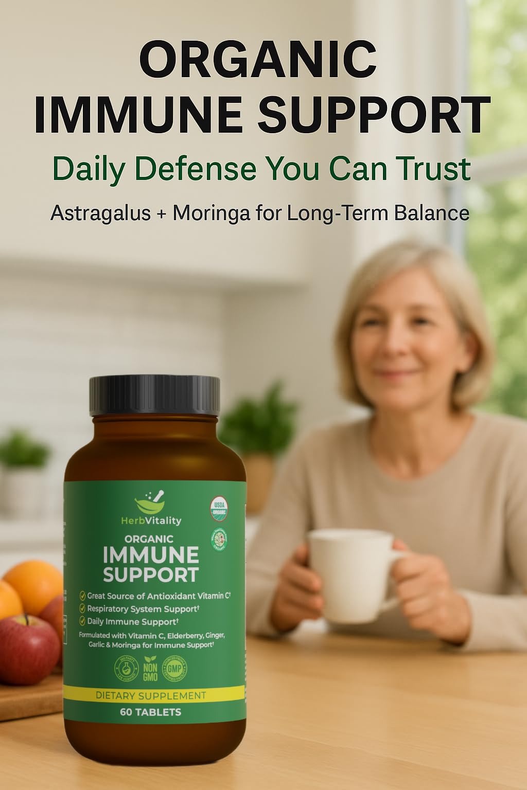 Herb Vitality Organic Immune Support Daily Herbal Complex with Elderberry, Vitamin C, Astragalus, Ginger & Moringa Capsule, 60 Count