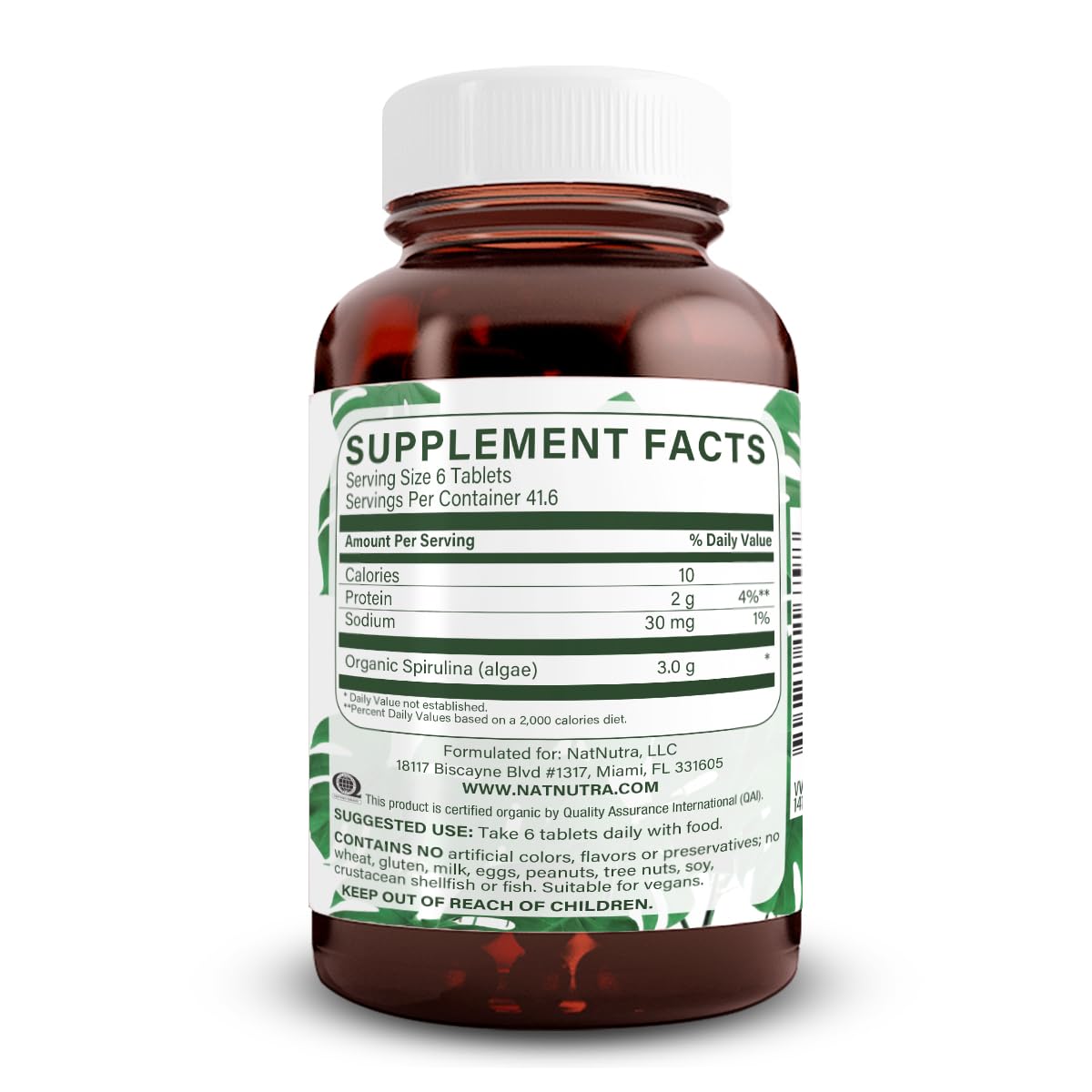 Natural Nutra 100% USDA Organic Spirulina, 250 Tablets