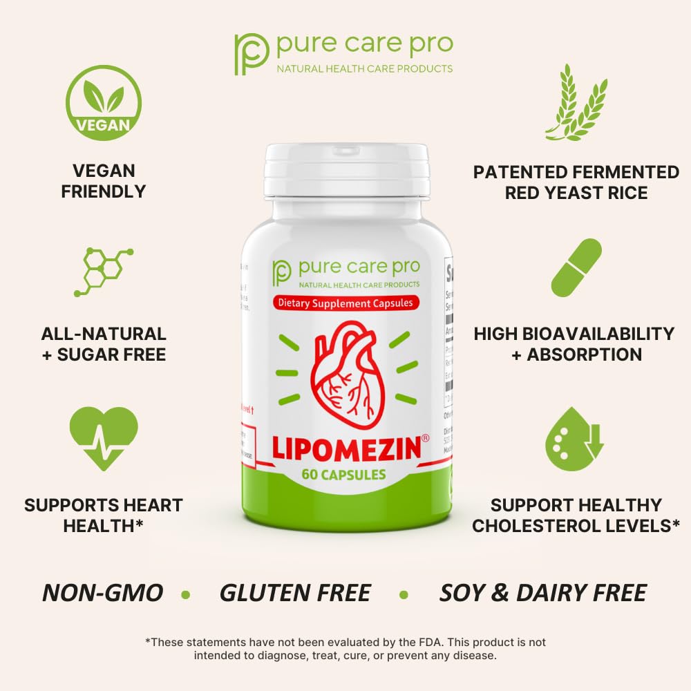 LIPOMEZIN Pure Care Pro Synergistic Cholesterol Support Blend: Red Yeast Rice, Policosanol, Grape Seed & Lespedeza, 60 Vegetarian Capsules