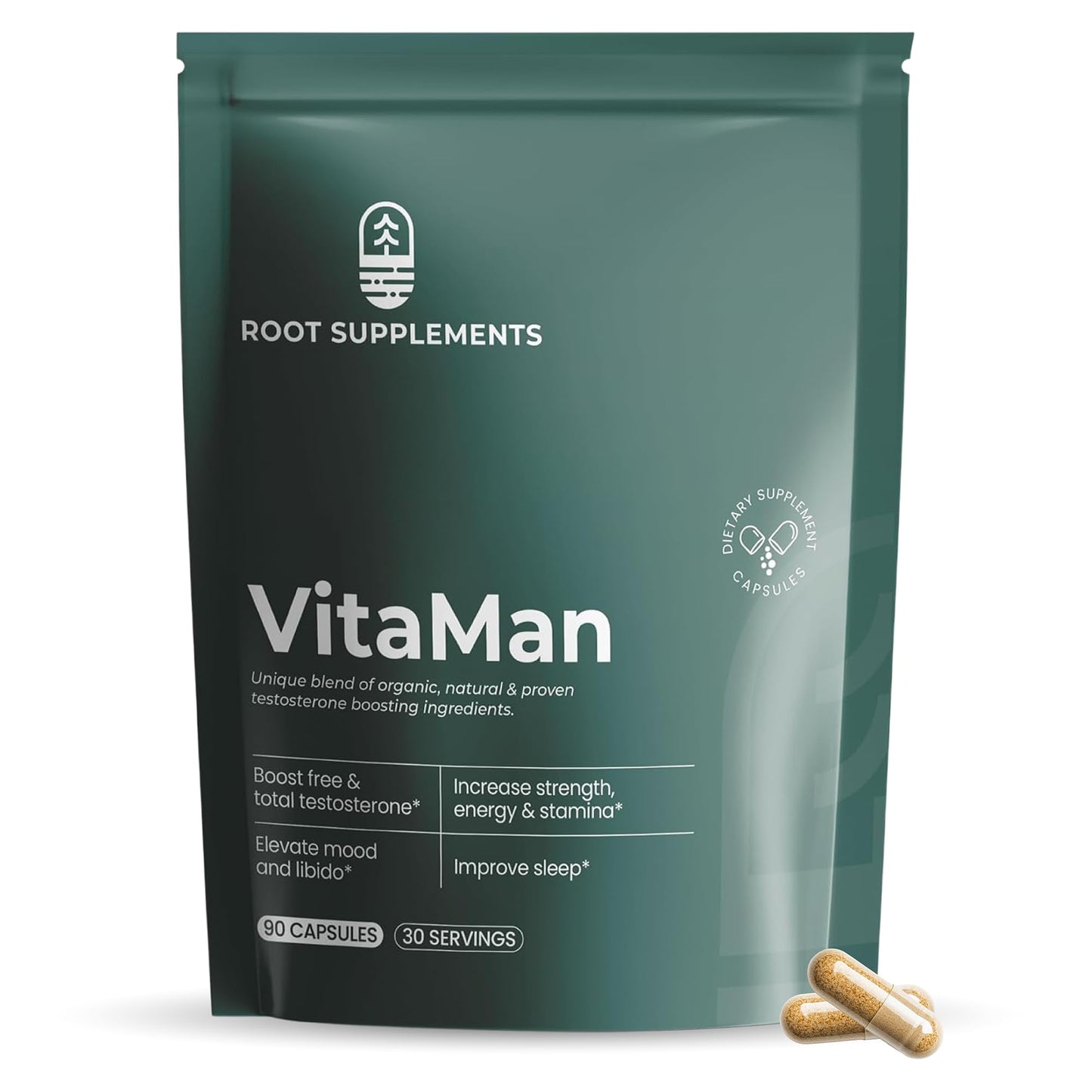 Root Supplements Natural Testosterone Support with Tongkat Ali, Mucuna Pruriens, Black Galingale Capsules, 90 Count