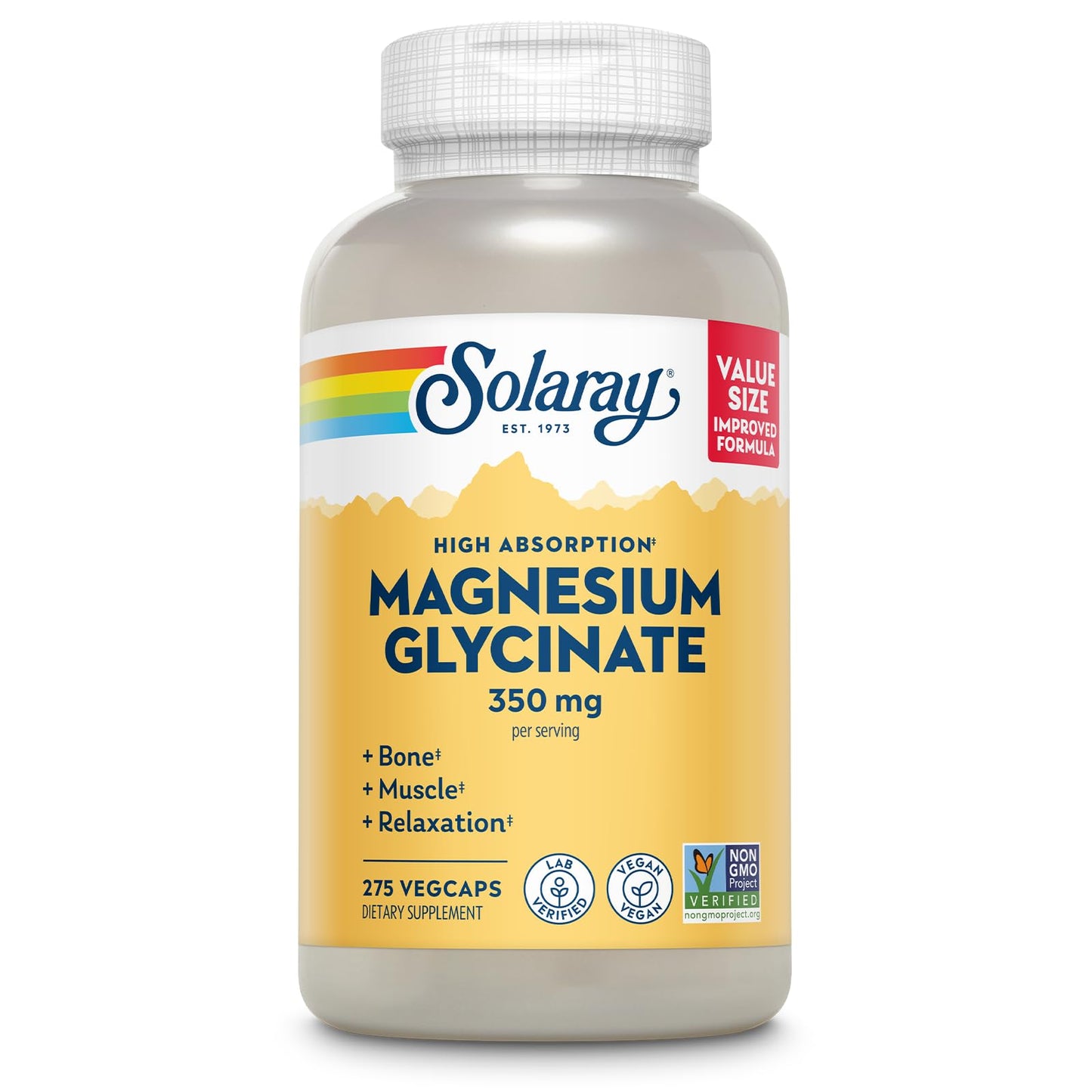 SOLARAY Magnesium Glycinate Capsules, Chelated Magnesium Bisglycinate with BioPerine, Higher Absorption Magnesium Supplement, 275 VegCaps