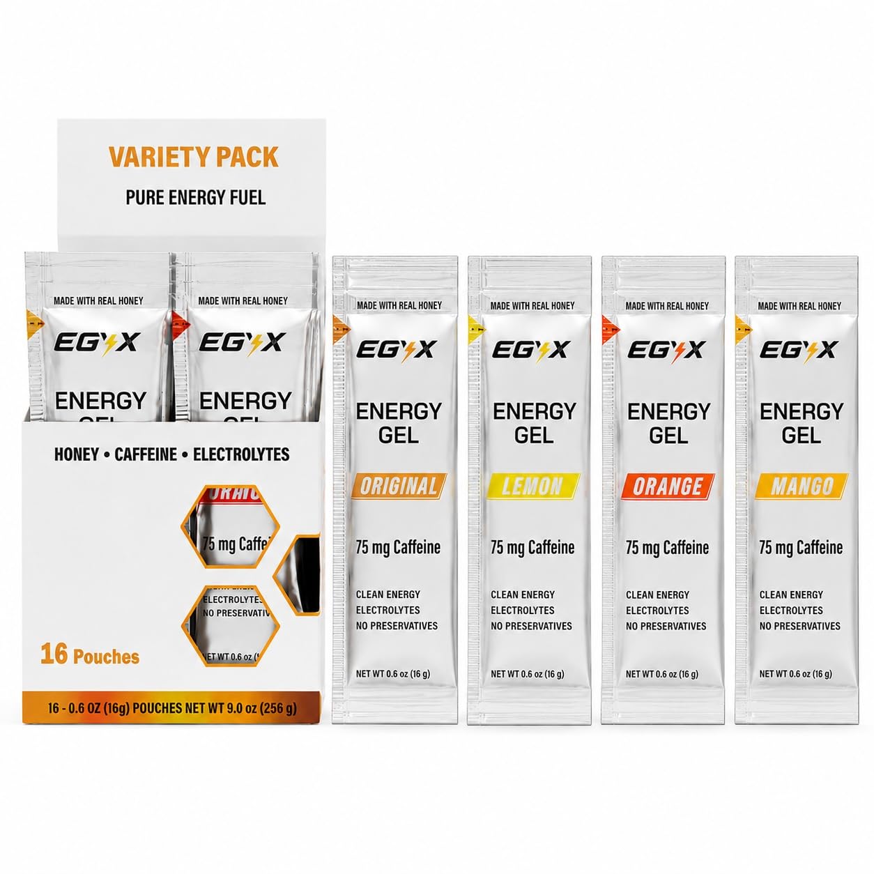 EGYX Honey-Based Energy Gel 75 mg Caffeine, Fast Clean Energy, Preservative-Free for Running, Workouts & Daily Use, 16-Count Variety Pack