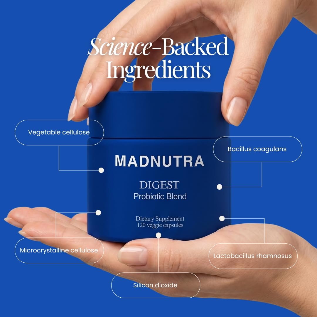 MadNutra Probiotic for Digestive Health - Bloating Relief Daily Probiotics for Women and Men 750 Million CFU 10 Strains - Enteric Coated Vegan Capsules for Gut Health & Immune Support, 120 Capsules