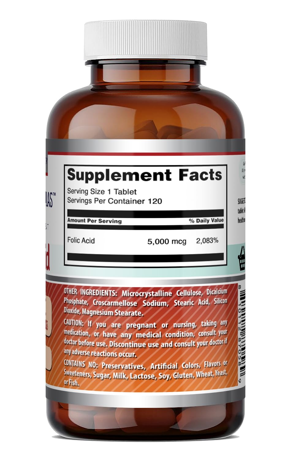 Amazing Nutrition Folic Acid 5000 mcg Tablets 120 Count