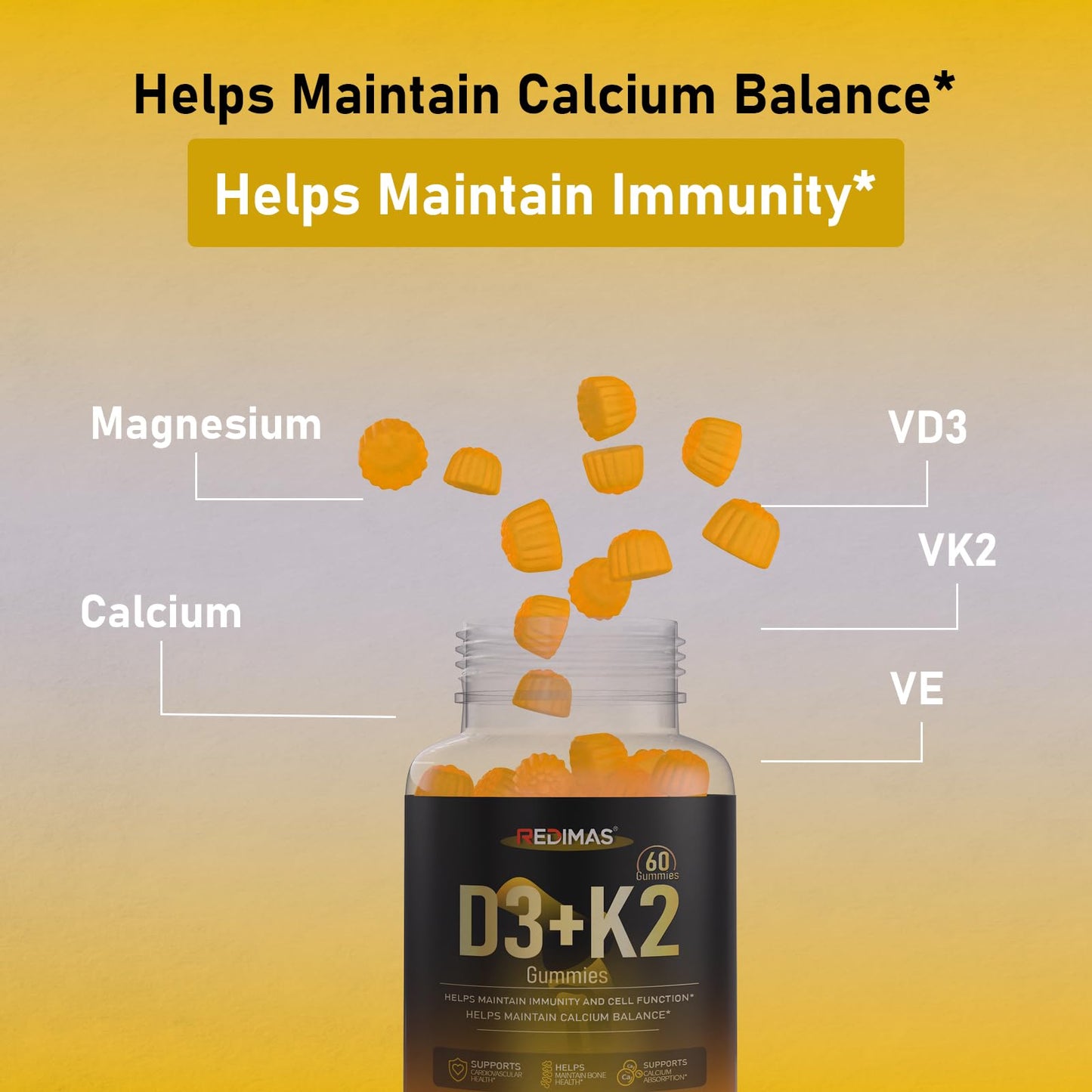 Redimas Calcium Gummies with Vitamin D3, K2 and Vitamin E, Chewable Calcium and Magnesium Supplement with Multi-Vitamin Complex, 60 Gummies