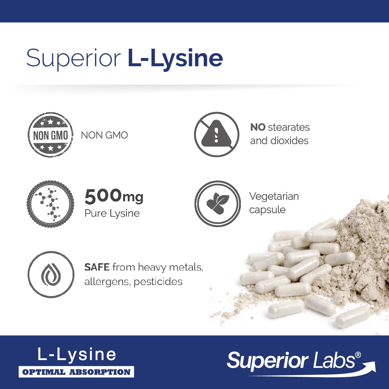 Superior Labs L-Lysine 500 mg Capsules, 120 Count