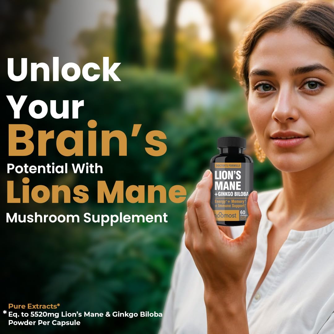NooMost Lions Mane Supplement Organic Capsules with Ginkgo Biloba, 60 Count