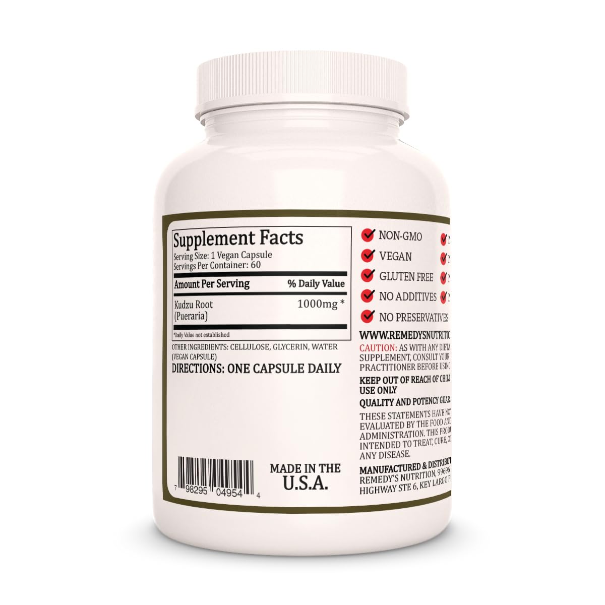Remedy’s Nutrition Kudzu Root 1000mg Capsules, 60 Count