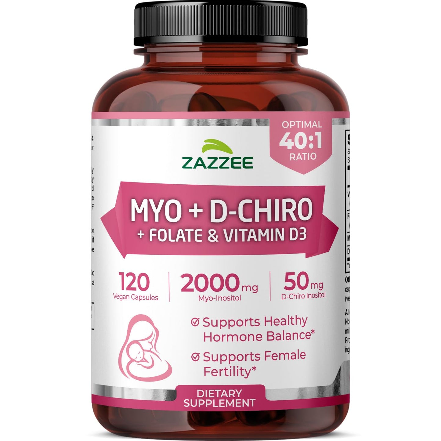 Zazzee Myo & D-Chiro Inositol Ideal 40:1 Ratio with Vitamin D3 & Folate Capsules, 120