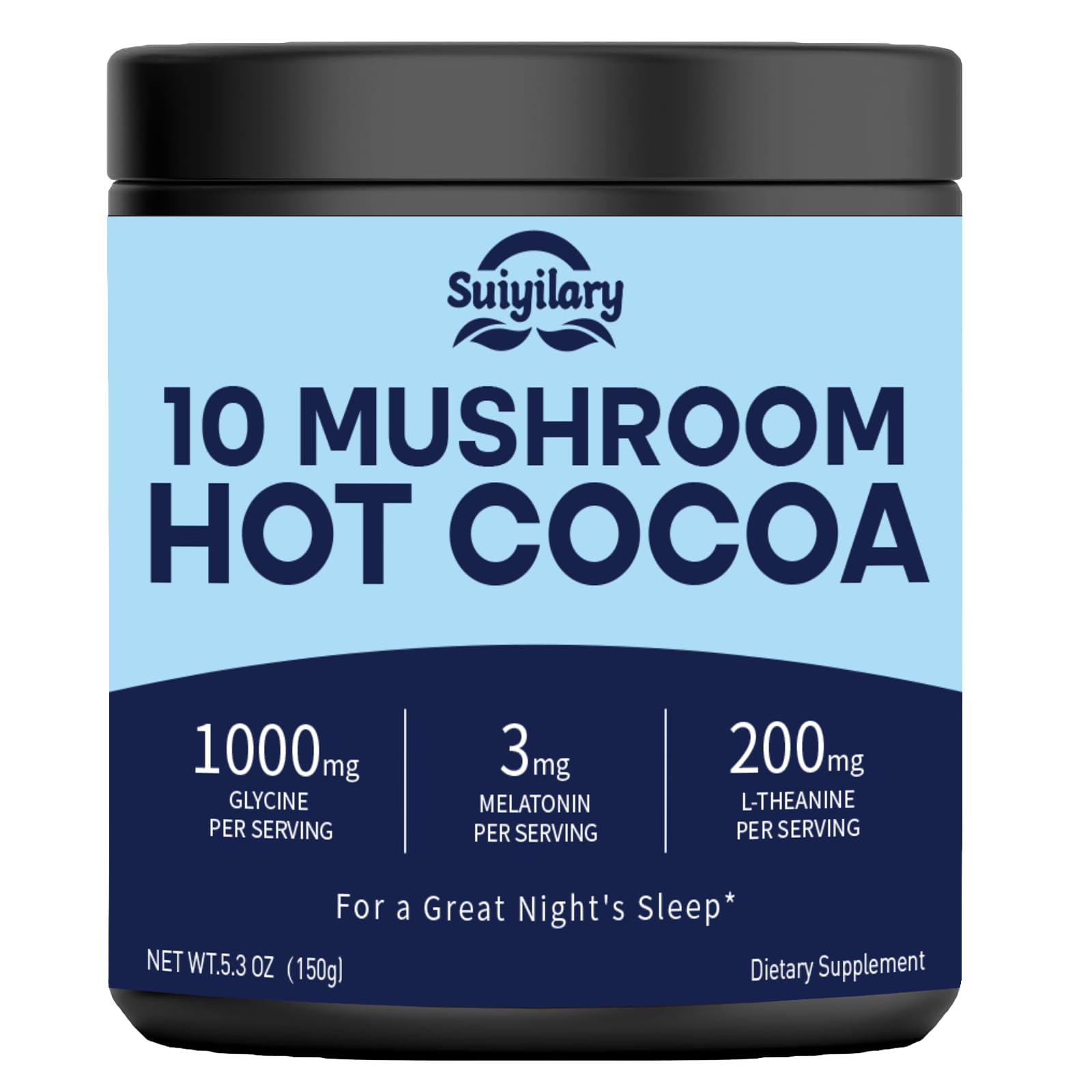 Suiyilary 10 Mushroom Hot Cocoa Powder with 3mg Melatonin Sleep Supplement, 5.3 oz