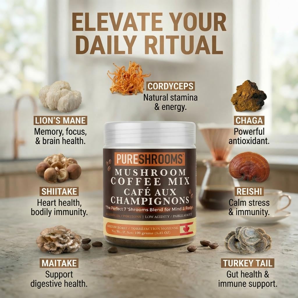 PureShrooms Perfect 7 Mushroom Coffee Powder - Instant Arabica with Organic Lion’s Mane, Reishi & Cordyceps, 50 Servings