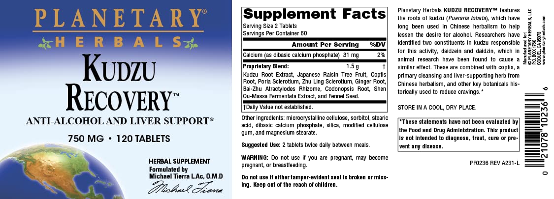 Planetary Herbals Kudzu Recovery 750 mg Anti-Alcohol and Liver Support, 120 Tablets