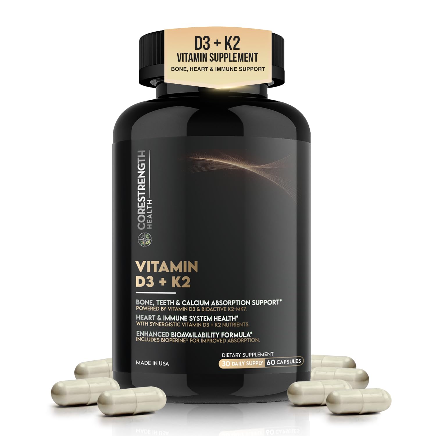 CoreStrength Health LLC Vitamin D3 5000 IU with Vitamin K2 MK7 Capsule, 60 Capsules