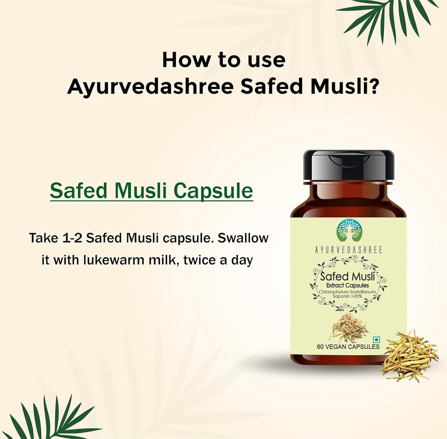 AYURVEDASHREE Safed Musli Extract 500mg Capsule, 60 Capsules