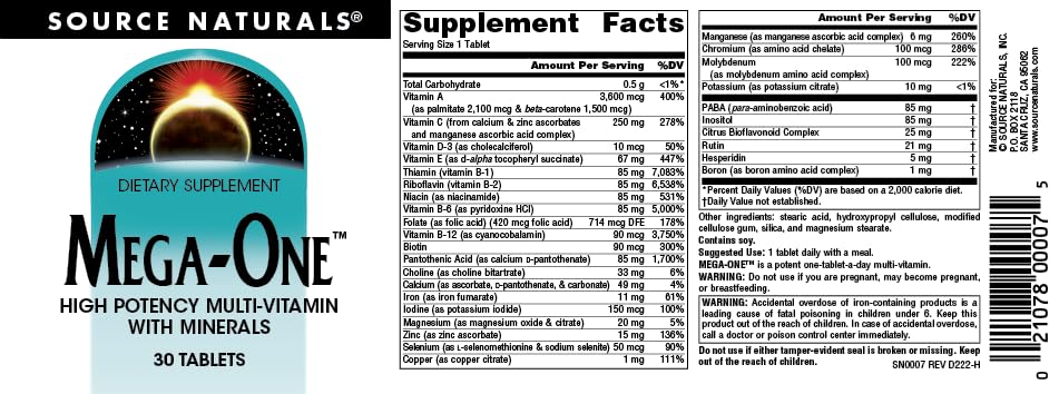 Source Naturals Mega-One Multi-Vitamin with Minerals, 30 Tablets