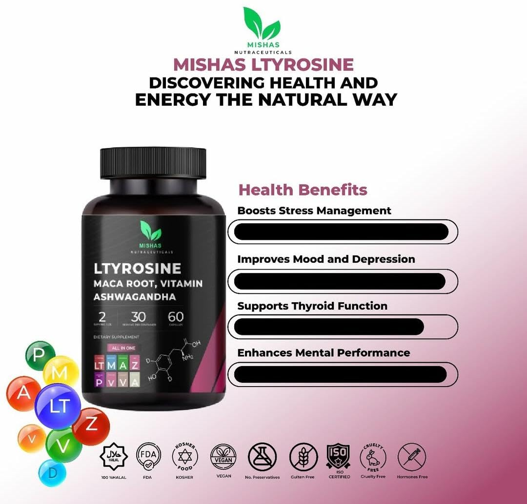 Mishas L-Tyrosine with Maca Root, Ashwagandha & Vitamins Complex, 60 Capsules