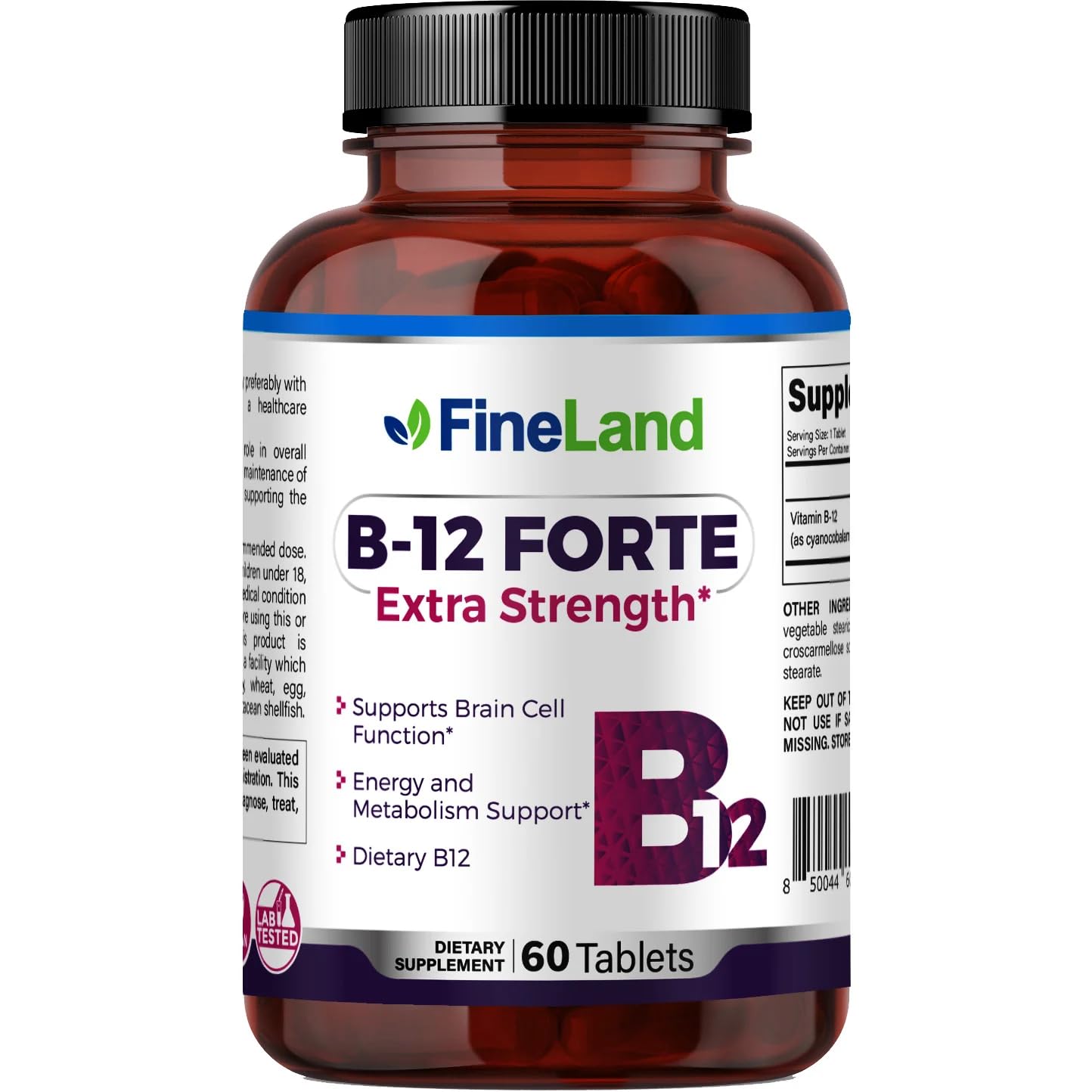 FineLand B-12 Forte Vitamin B12 500mcg (Cyanocobalamin) - Essential Nutrient Support for Energy Metabolism and Daily Vitality - Vegan Formula, 60 Tablets