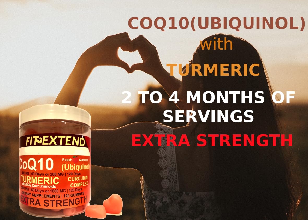 FIT EXTEND CoQ10 Ubiquinol & Turmeric Gummies 200mg CoQ10, 1000mg Turmeric, Peach, 120 Count