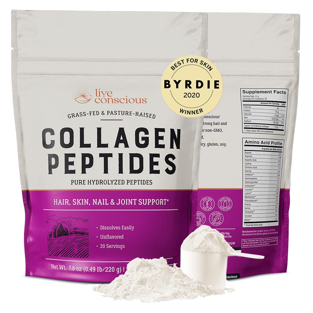 Live Conscious Collagen Powder Hydrolyzed Collagen Peptides Type I & III Unflavored, Keto & Paleo Friendly, 7.8 oz