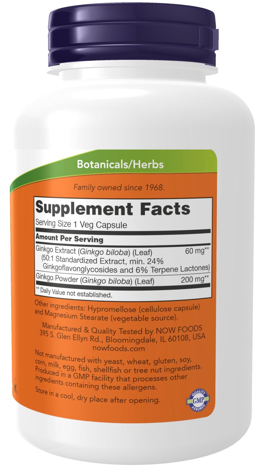 NOW Foods Ginkgo Biloba 60 mg Vegetarian Capsules, 240 Capsules