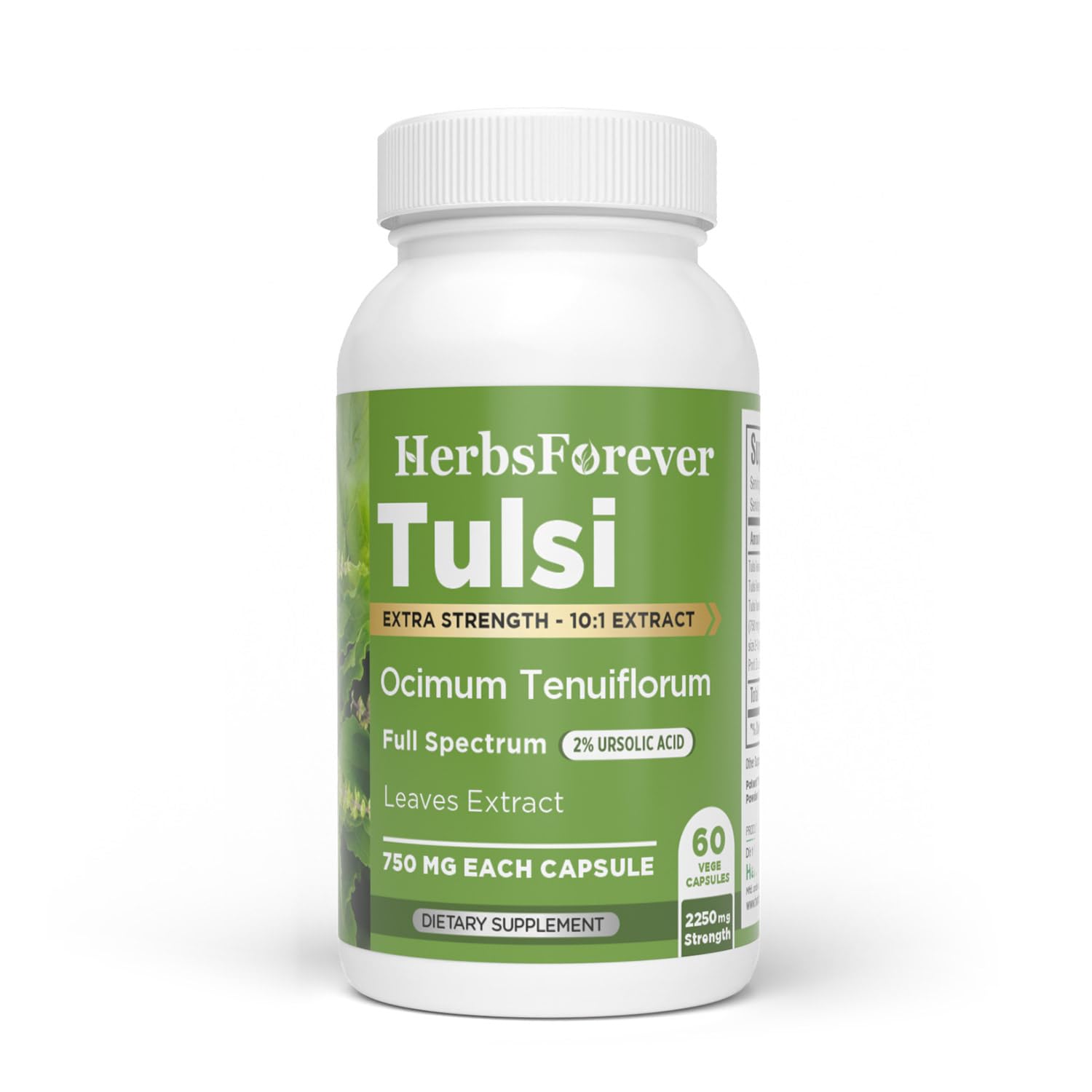 Herbsforever Tulsi (Holy Basil) Extra Strength (10:1) Extract, Equiv. to 2250 mg Leaves Powder per Serving, Supports Immunity, Respiratory & Stress Relief, Antioxidant, 2% Ursolic Acid, 60 Veg Capsules