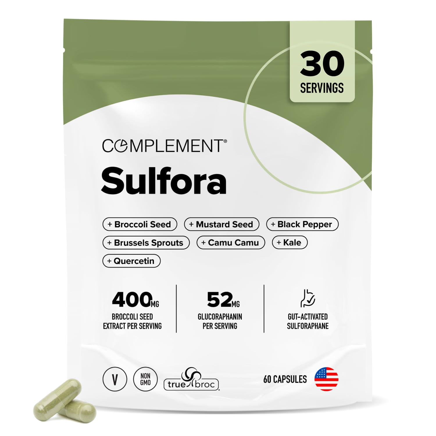 Complement Sulfora Sulforaphane Supplement with Myrosinase - 52mg Glucoraphanin from Broccoli Seeds, Kale & Quercetin - Antioxidant Detox & Immune Support, 60 Capsules