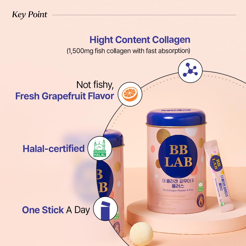 BB LAB Collagen Powder S Plus Halal, Low Molecular Korean Collagen Powder Stick Supplement, Marine, Fish Collagen Peptides, Vitamin C, Glycine, Fast Absorption, Grapefruit Flavor, 2.1 Ounce