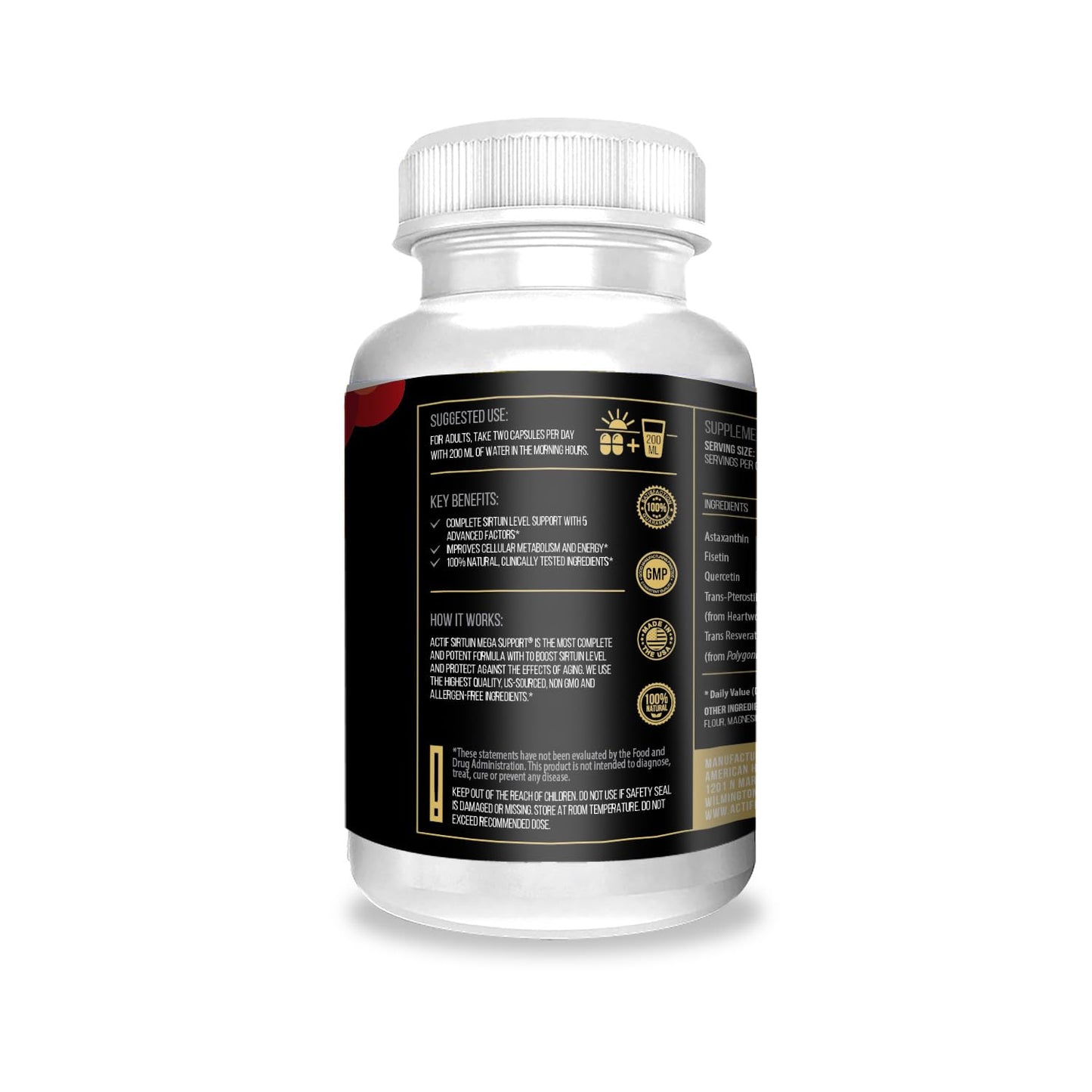 ACTIF Sirtuin Mega Support with 5 Advanced Factors – Anti-Aging, 100% Natural, Non-GMO, 200 Capsules