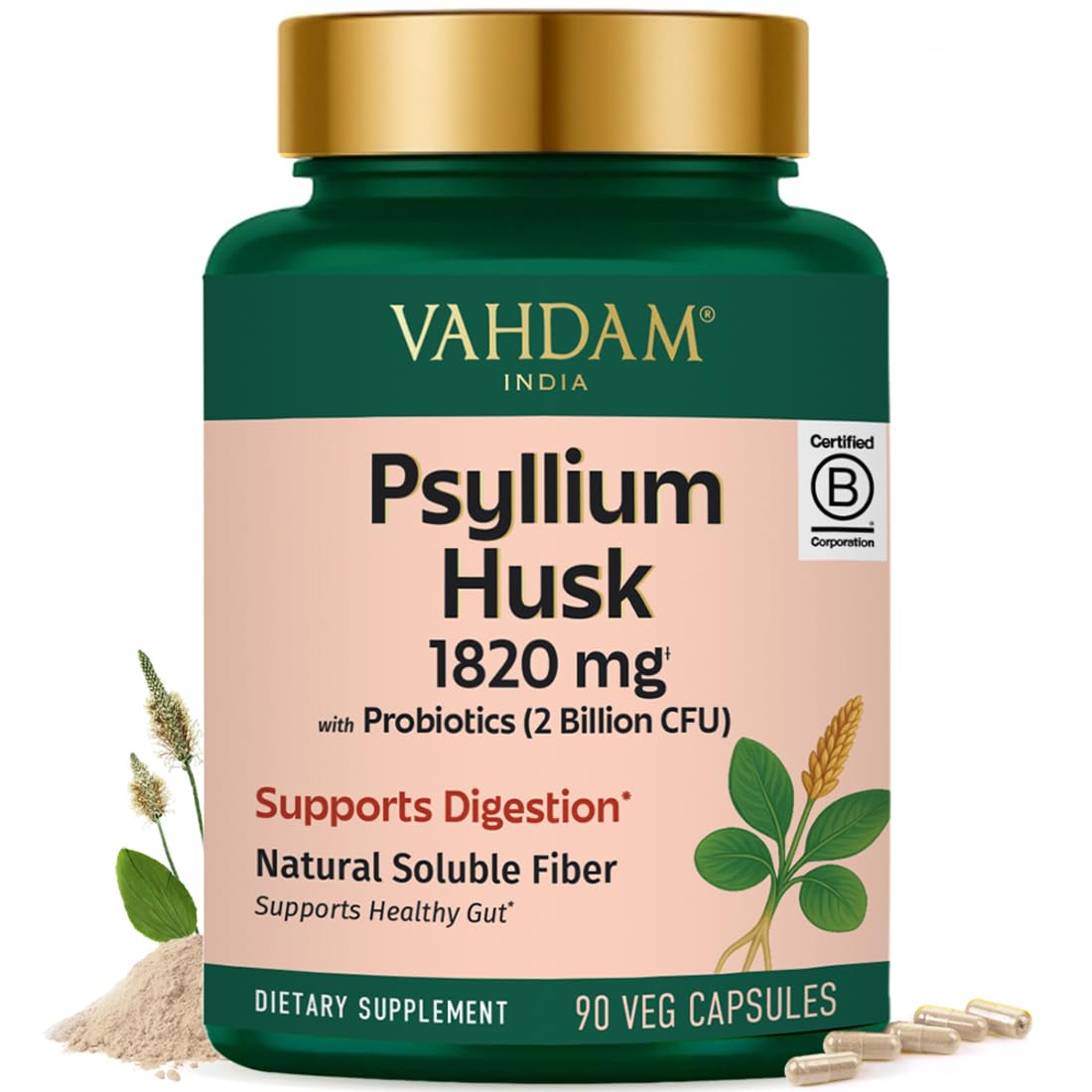 VAHDAM Psyllium Husk Capsules 1800 mg with Probiotics (2 Billion CFU) | Supports Digestion & Gut Health, 90 Veggie Capsules