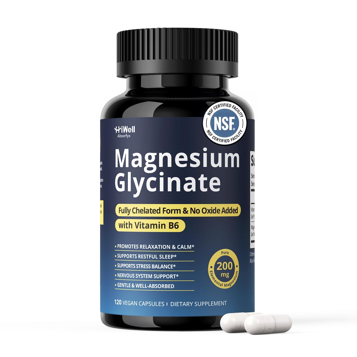 HiWell Absorfyx Magnesium Glycinate 200mg with Vitamin B6 Capsules, 120 Count