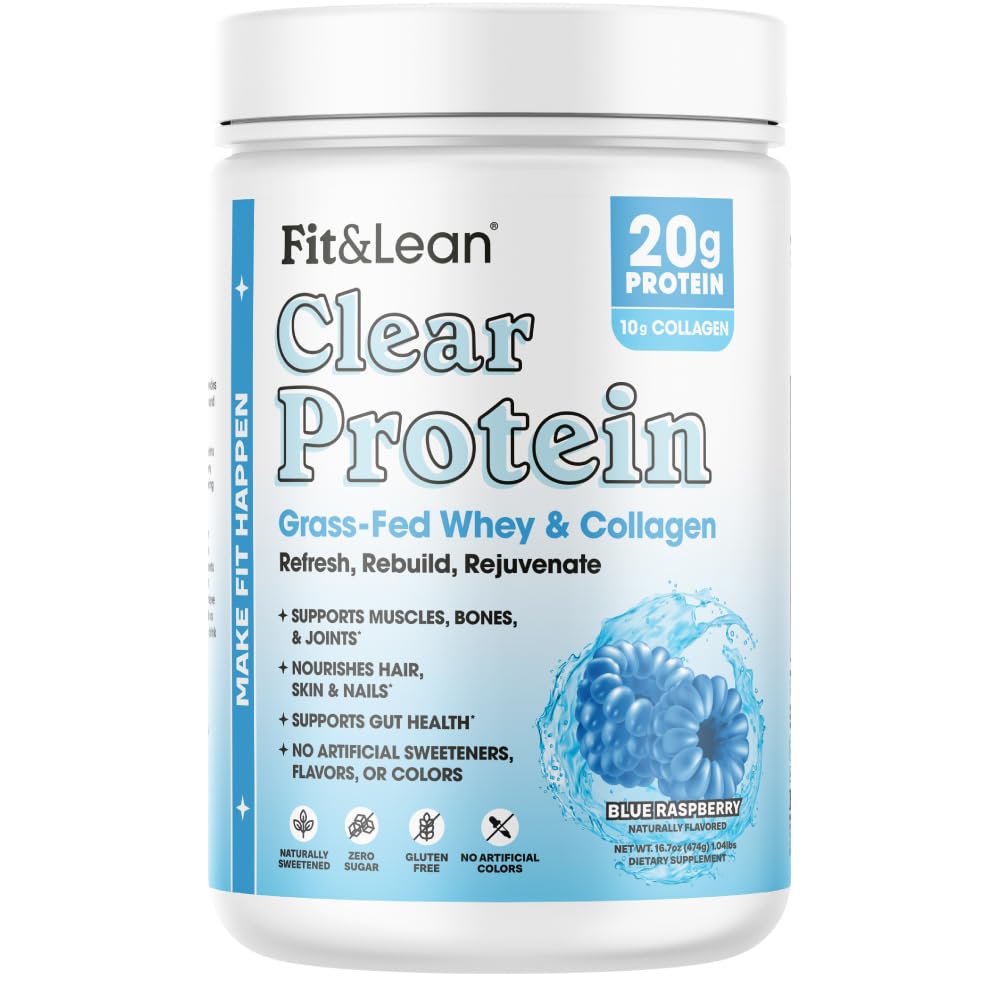 Fit & Lean Clear Protein Powder with Whey Isolate Protein and Collagen, Grass Fed, Blue Raspberry, 16.7 oz