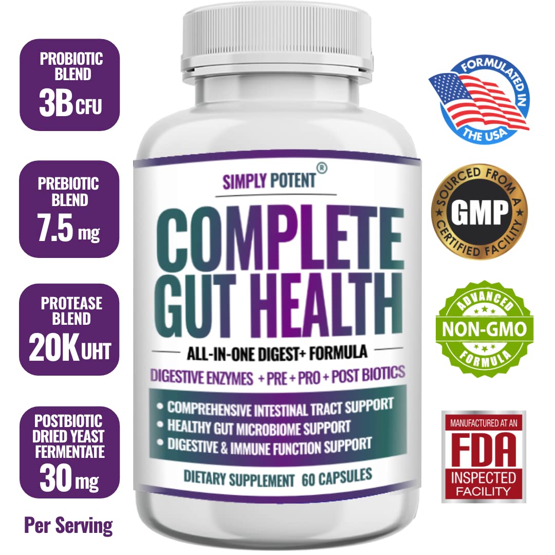 Simply Potent Digestive Enzymes with Prebiotics, Probiotics & Postbiotics 4-in-1 Complete Gut Health Formula 60 Capsules