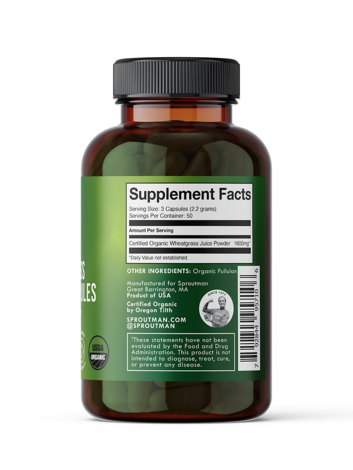 Sproutman Organic Wheatgrass Juice Powder Capsules 150 Capsules