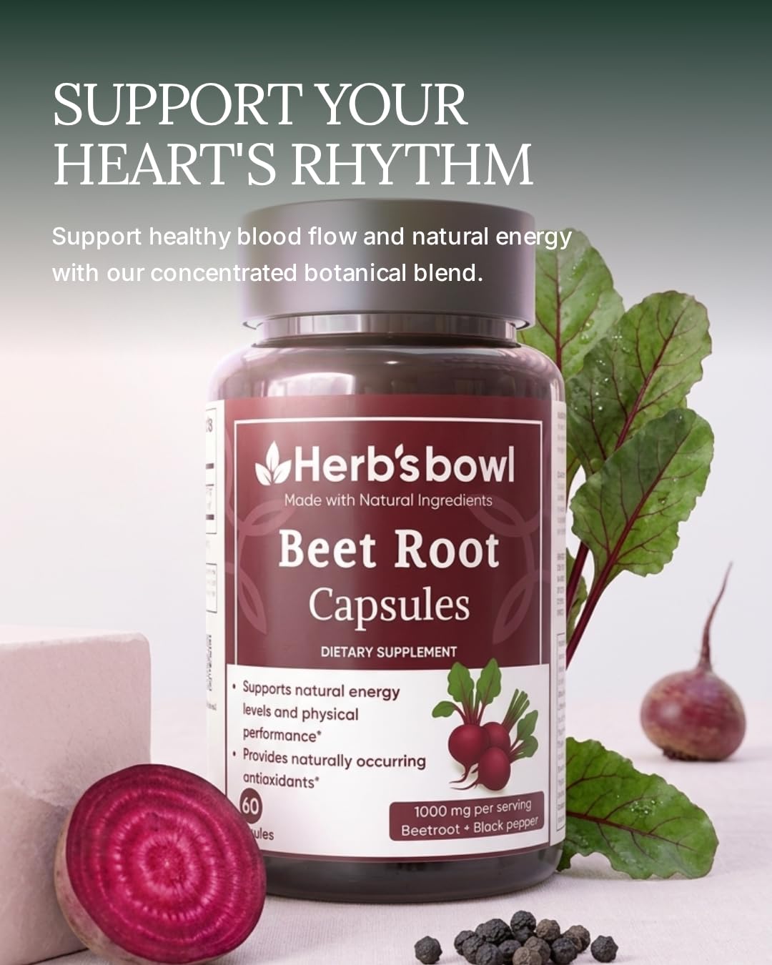 Herb'sbowl Beet Root Capsules, 1000 mg per Serving, with Black Pepper, Natural Energy Support, 60 Capsules