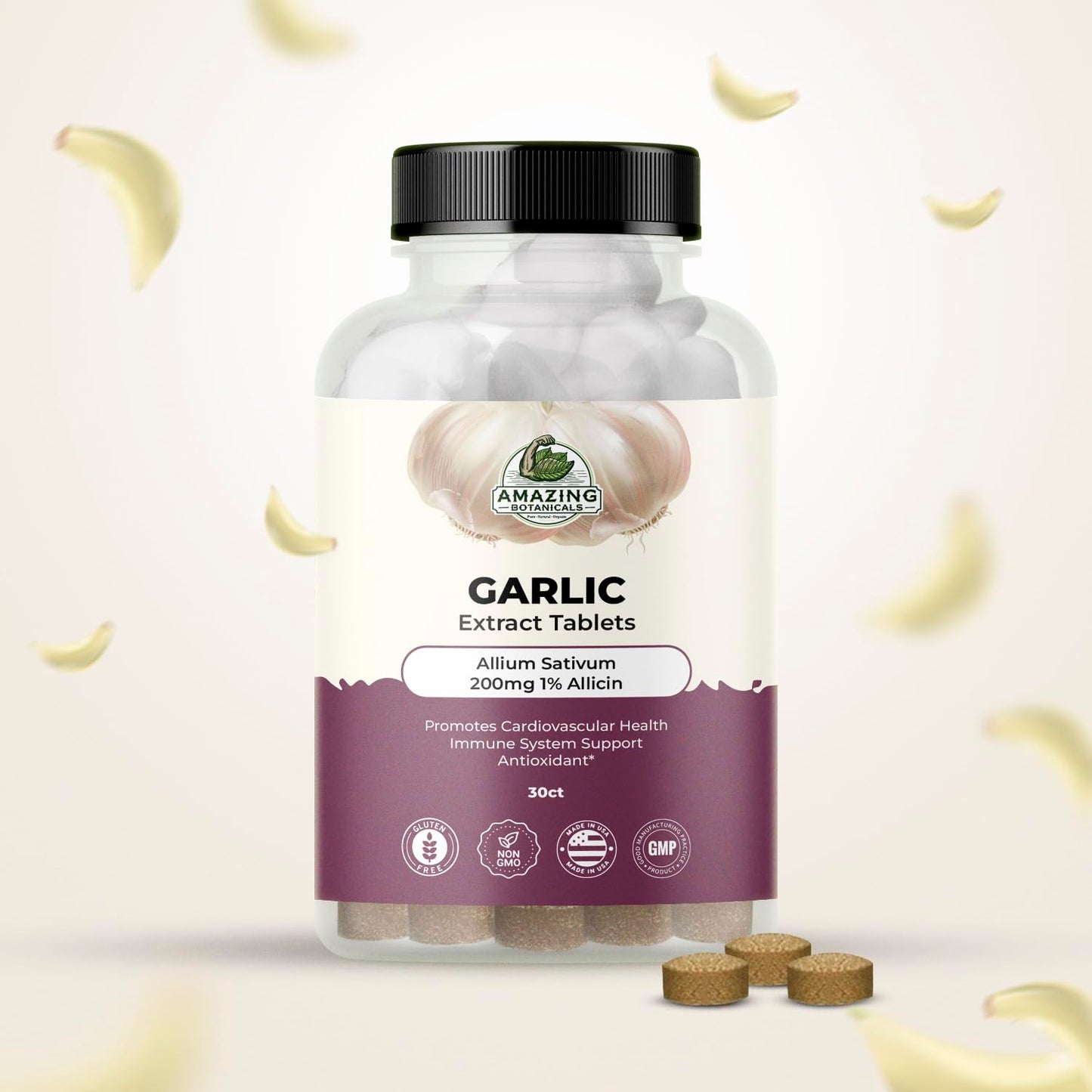 Amazing Botanicals Garlic Extract Tablets 200mg Allium Sativum 1% Allicin - High Potency Herbal Supplement, 30 Count