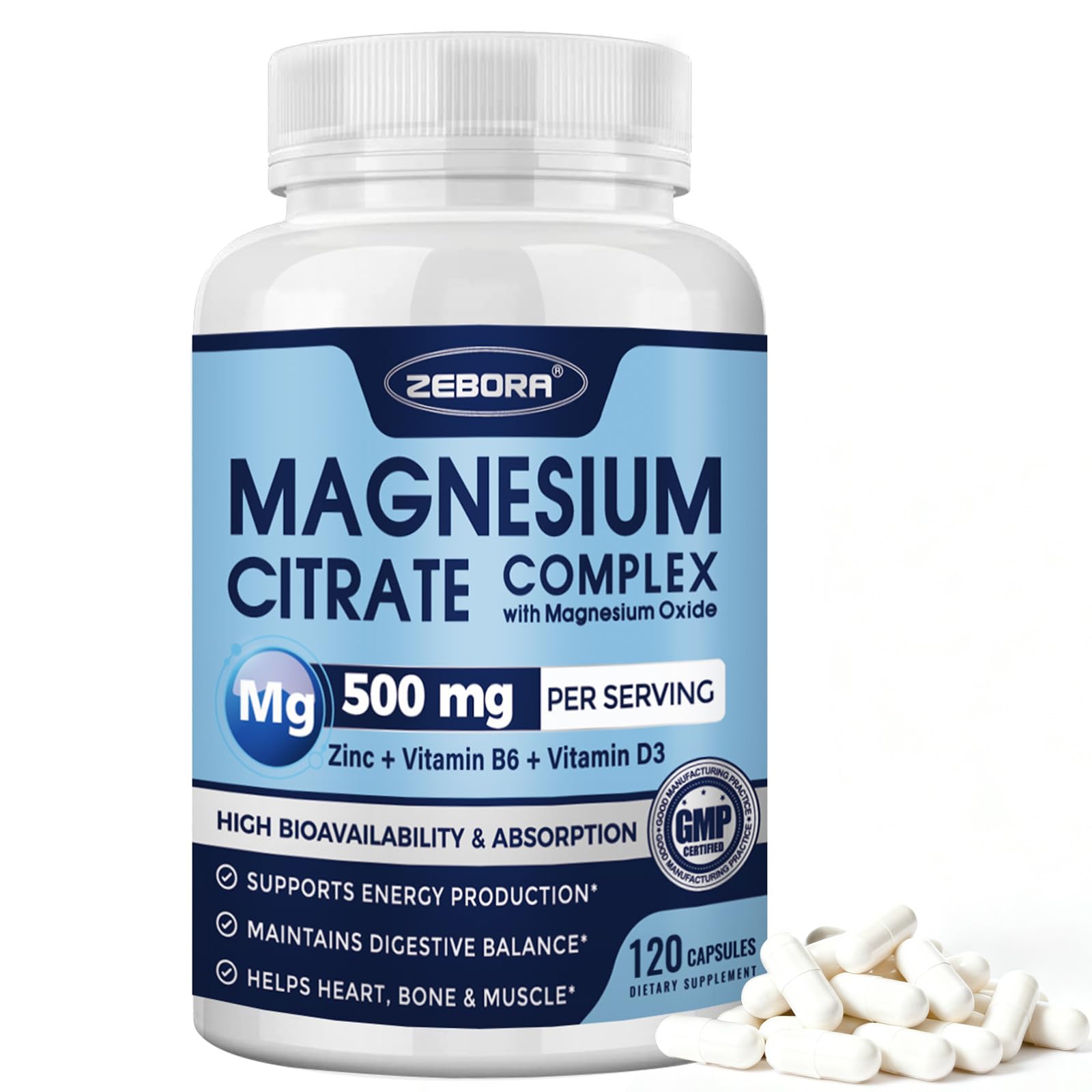 ZEBORA Magnesium Citrate 500mg Capsules, 120 Capsules