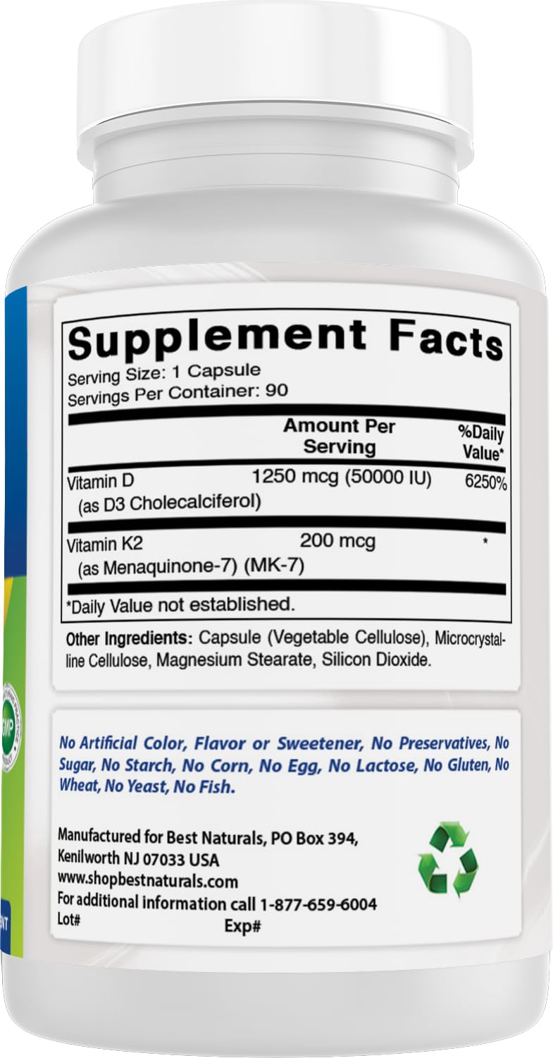 Best Naturals Vitamin D3 50,000 IU with MK-7 K2 200 mcg Veg Capsules 90