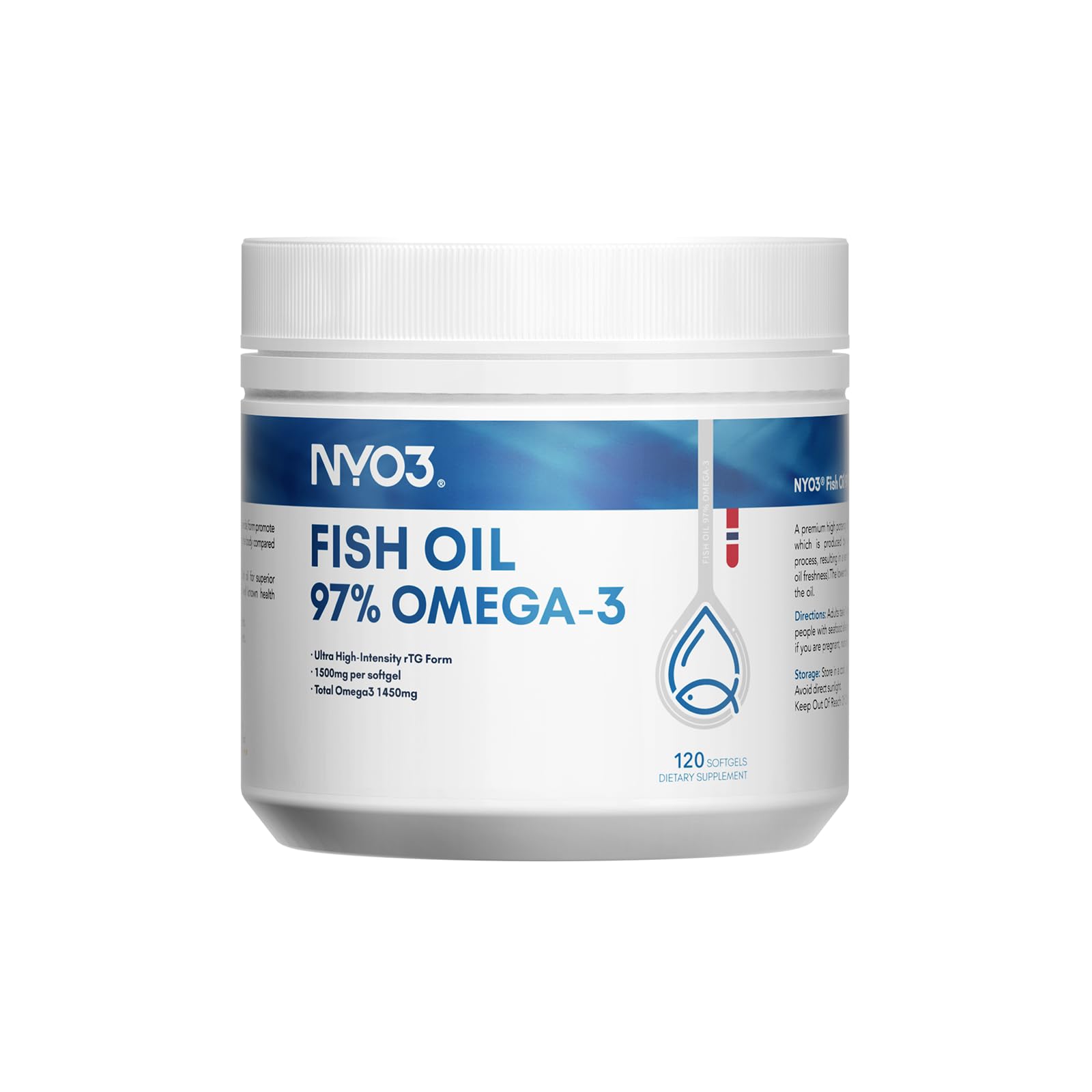 NYO3 Omega 3 Fish Oil 1500mg with DHA & EPA, 97% High-Potency Omega 3 Fatty Acids, Support Heart, Brain & Joint Health, No Fishy Aftertaste, Non-GMO Softgel, 120