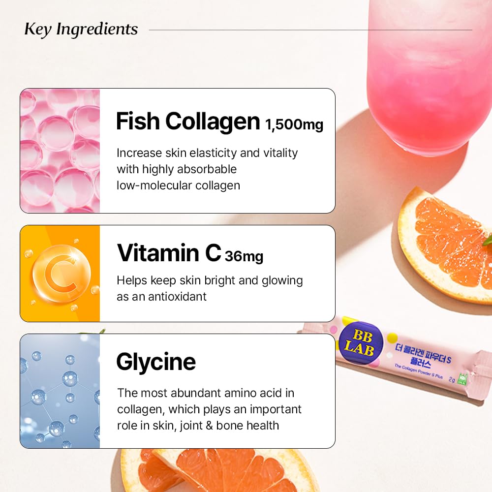 BB LAB Collagen Powder S Plus Halal, Low Molecular Korean Collagen Powder Stick Supplement, Marine, Fish Collagen Peptides, Vitamin C, Glycine, Fast Absorption, Grapefruit Flavor, 2.1 Ounce