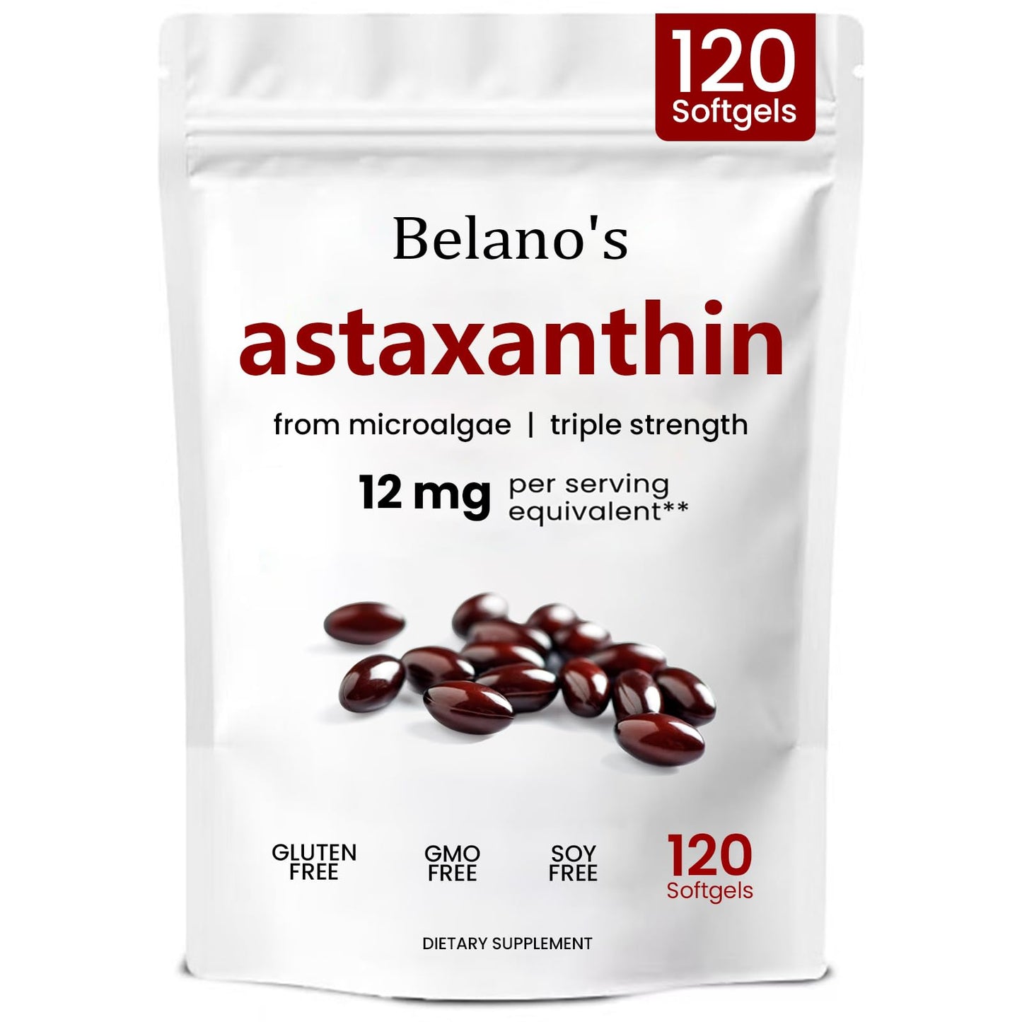 Belano's Astaxanthin 12mg Softgels, Premium Astaxanthin Antioxidant Supplement, 120 Softgels