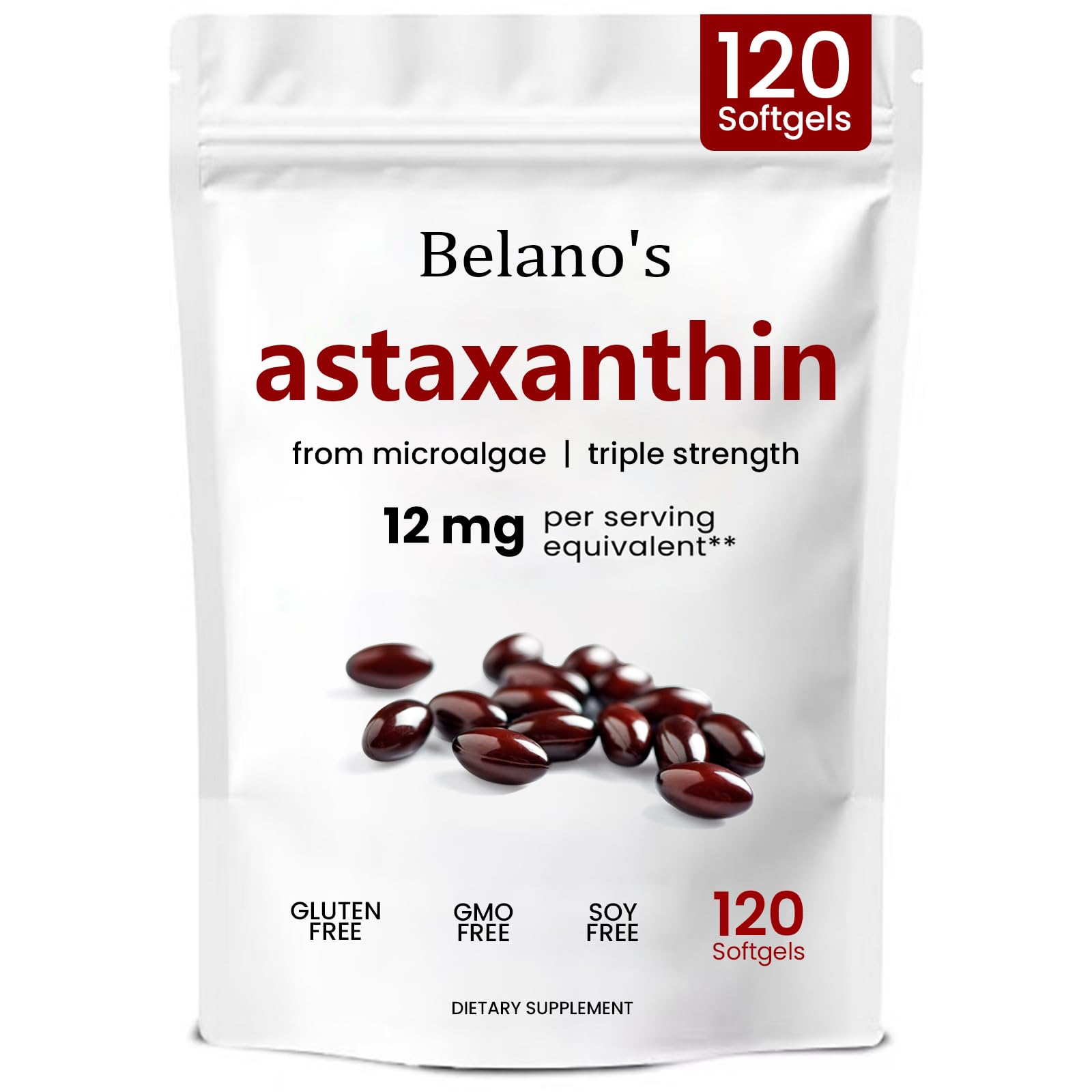 Belano's Astaxanthin 12mg Softgels, Premium Astaxanthin Antioxidant Supplement, 120 Softgels
