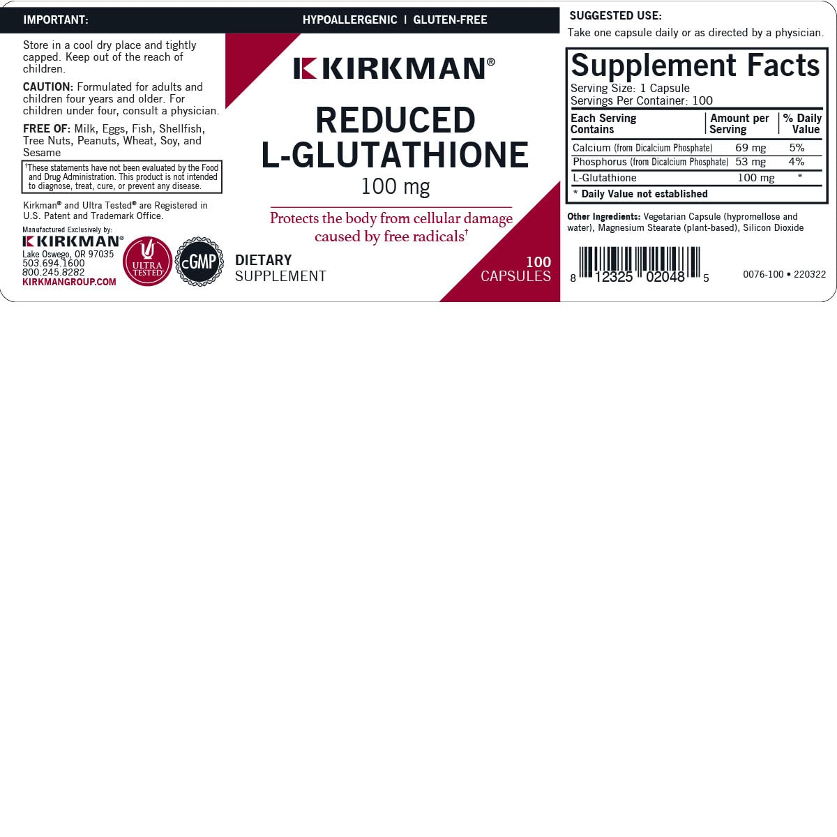 Kirkman Reduced L-Glutathione 100 mg Capsules, 100 Vegetarian Capsules