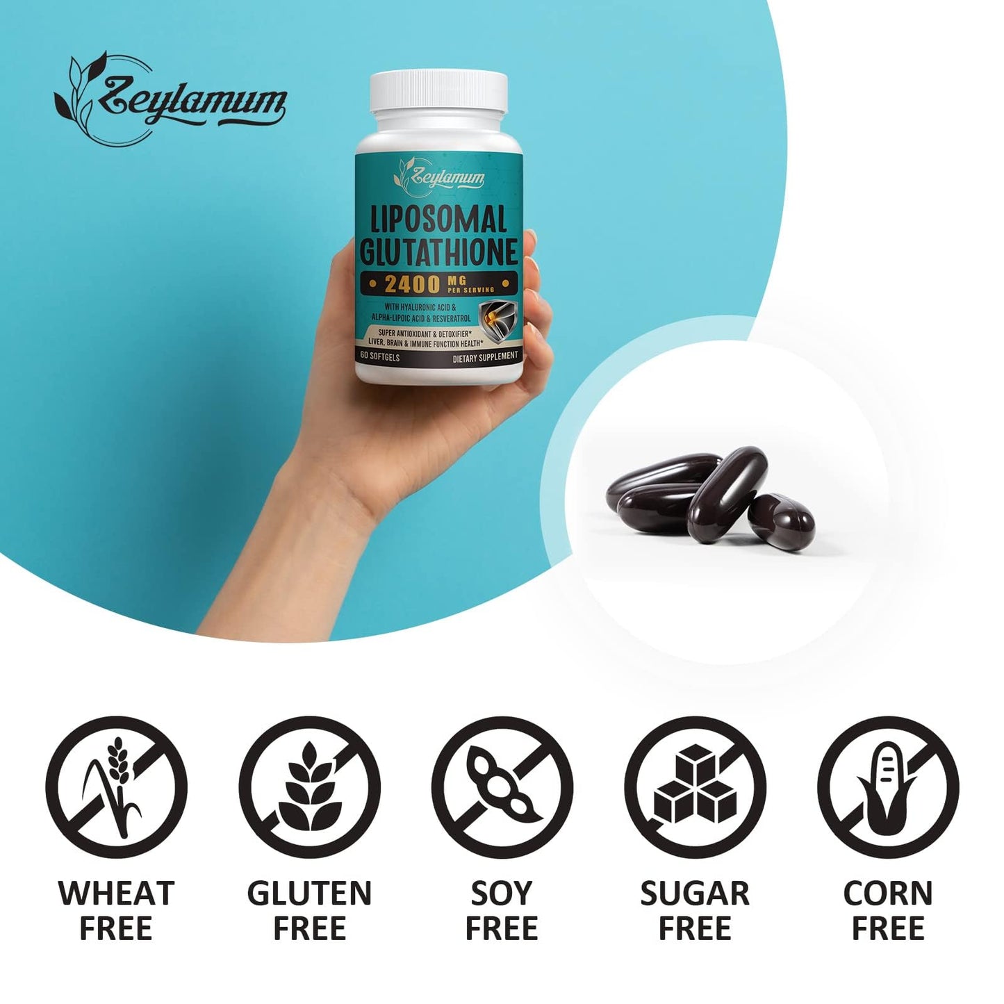 Zeylamum 2400 mg Liposomal Glutathione Softgels, 180 Softgels