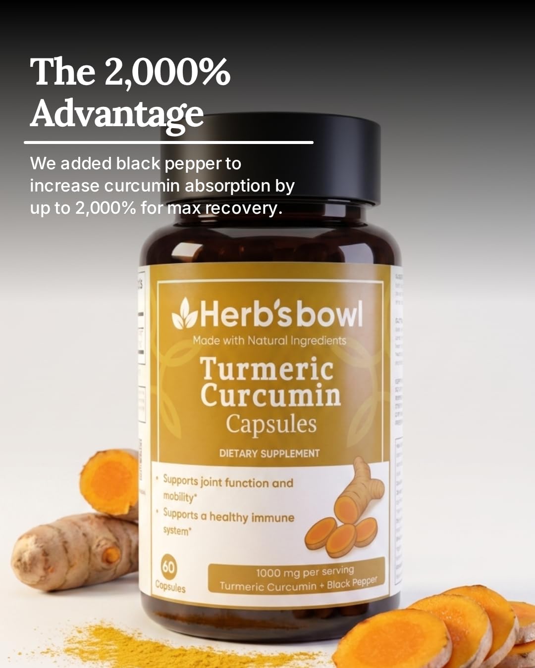 Herb'sbowl Turmeric Curcumin Capsules with Black Pepper 60 Count