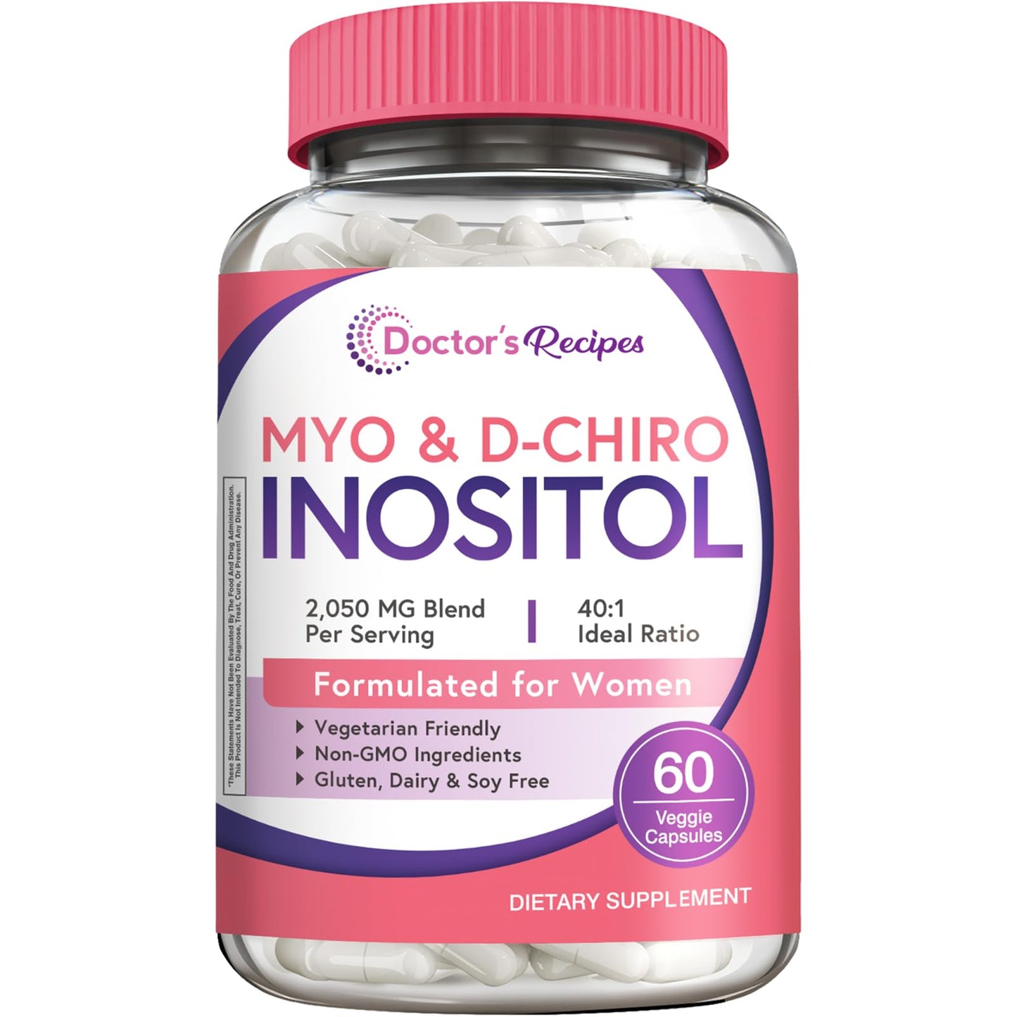 Doctor's Recipes Inositol Supplement for Women, Myo-Inositol & D-Chiro Inositol Capsules 2050mg per Serving, Ideal 40:1 Blend, 60 Capsules