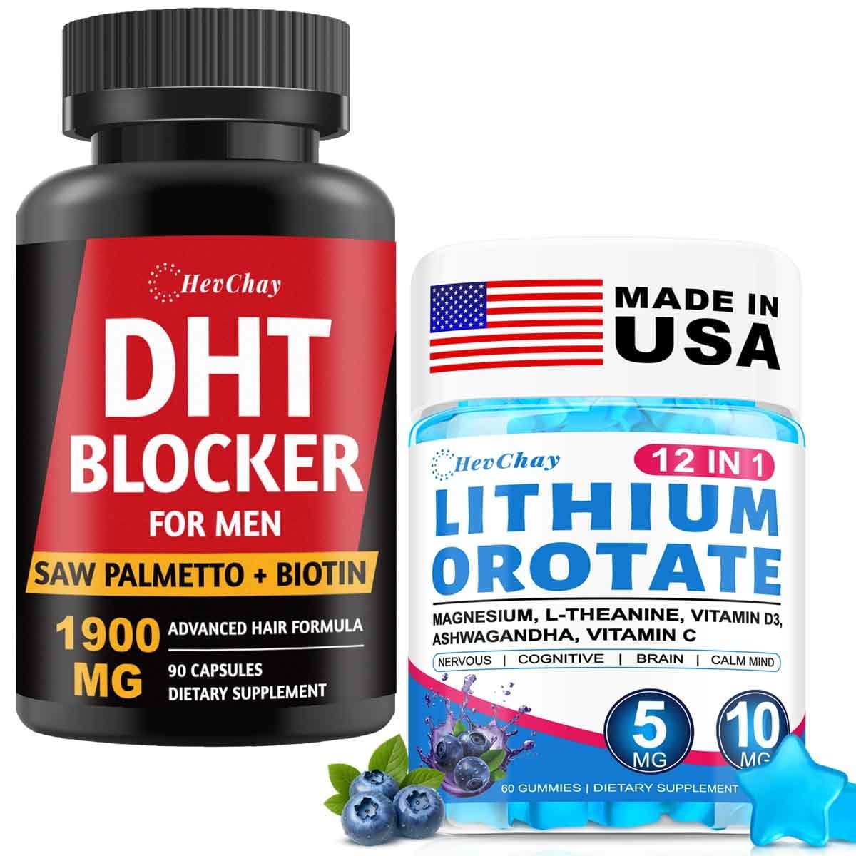 HevChay 1900MG DHT Blocker for Men + Lithium Orotate, 150 Gummies